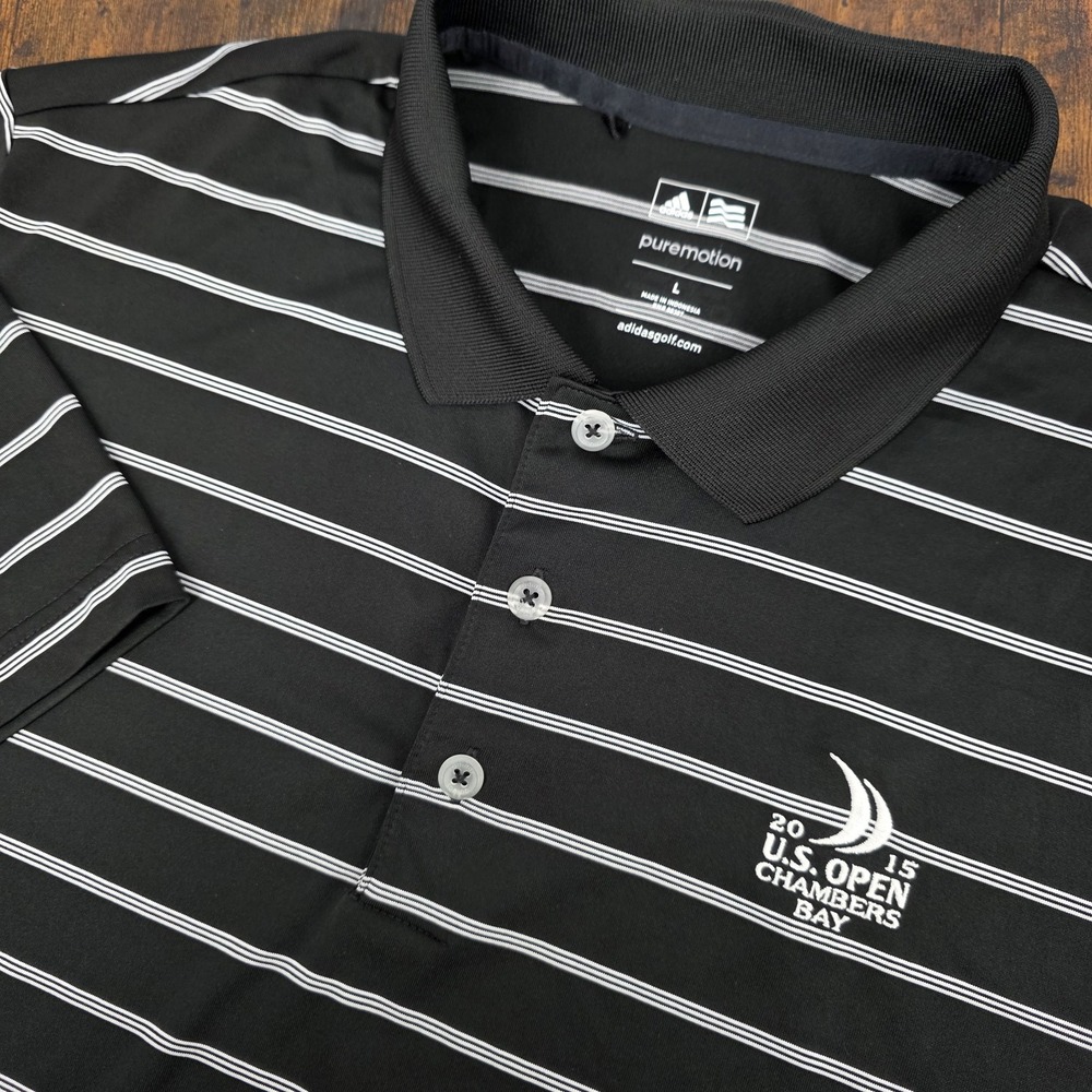 Adidas PureMotion Men's Polo‎ Shirt Black White Striped PGA 2015 US OPEN Sz L